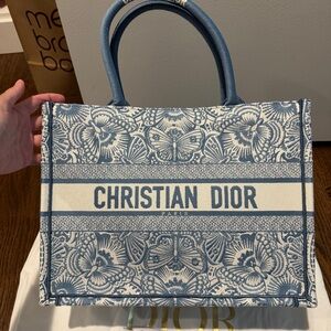 Dior Medium Book Tote Celestial Blue and White D-Butterfly Paisley Embroidery